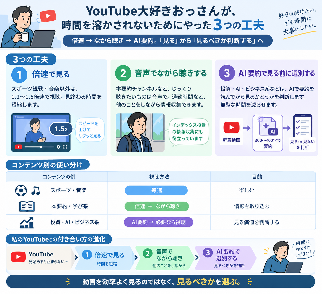 YouTube大好きおっさんが時間を溶かされないためにやった3つの工夫: ①倍速で見る②音声でながら聴きする③AI要約で見る前に選別する、コンテンツ別の使い分け表、YouTubeとの付き合い方の進化フロー